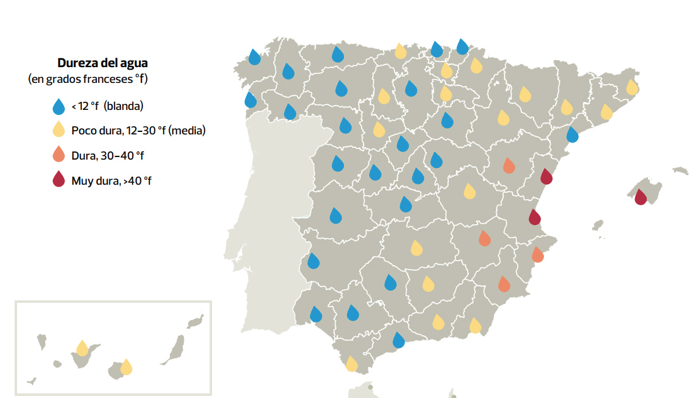 Dureza agua capitales de España. Fuente:OCU